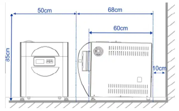 جميع الأبعاد هي أبعاد دنيا ولا ينبغي أن تقل عنها حتى لا تعيق عملية التخلص من الحرارة المنبعثة. يرجى ترك مسافة لا تقل عن 100 مم على كلا الجانبين وخلف الجهاز عند تركيبه. Image
