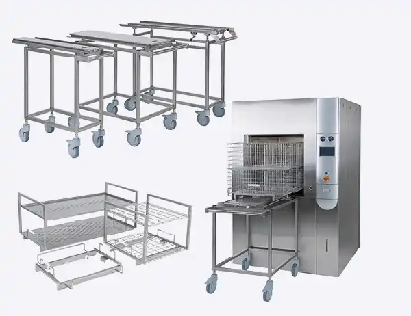 سلال وأحواض شبكية، زلاجات، عربات، أرفف وأطواق لأجهزة التعقيم المختبرية، أجهزة التعقيم